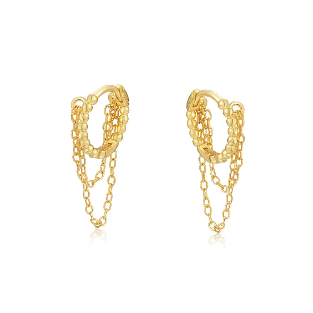 Europe and America Fashion Jewelry 925 Sterling Silver Two Layer Long Tassel Chain Gold Plated Hoop Earring Jewelry for Women