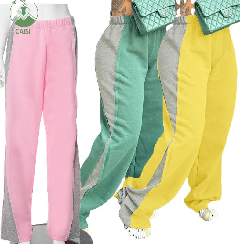 Autumn Winter Patchwork Flare Sweat Pants Streetwear Fashion Contrast Color Loose Casual Pants for Ladies Sweat Pants