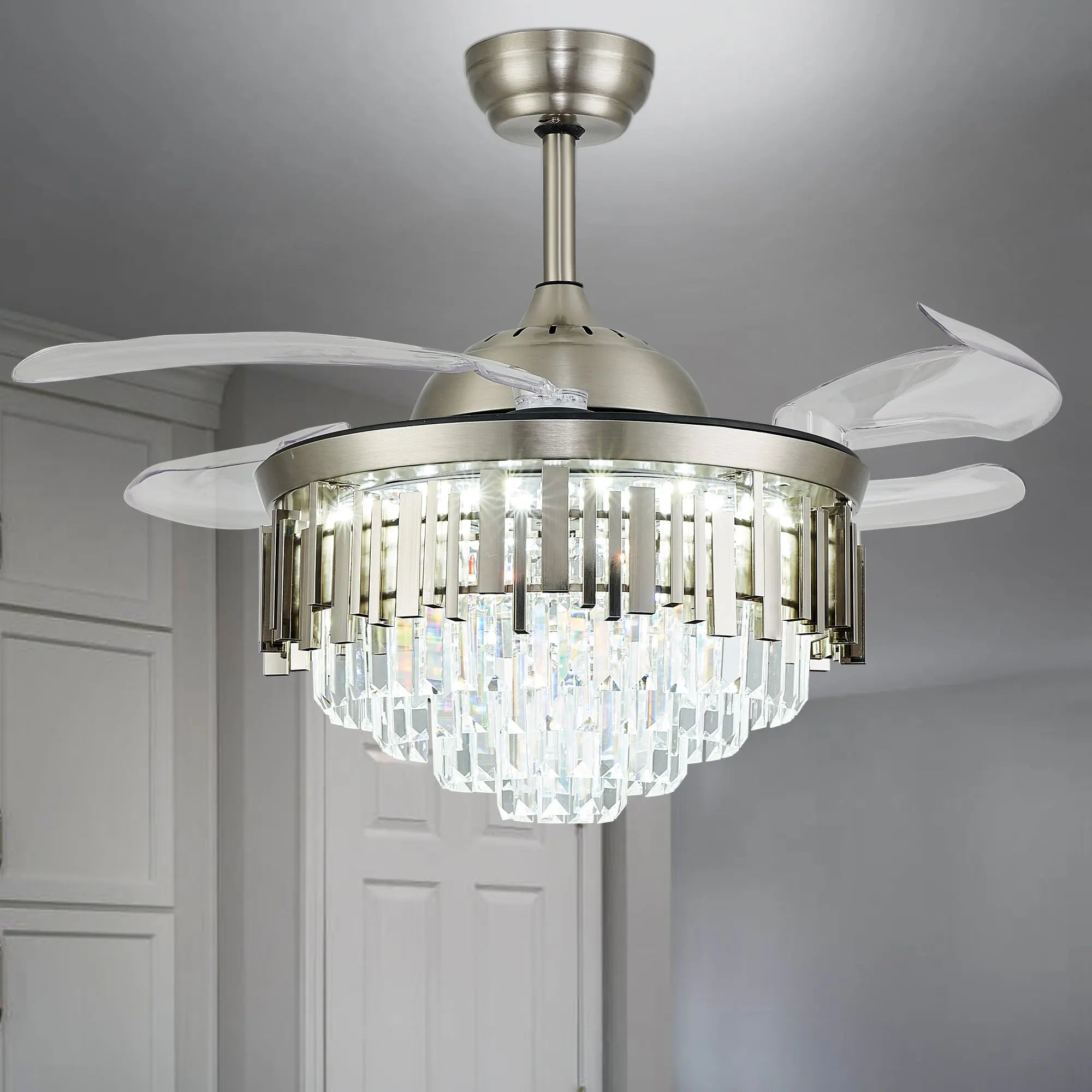 42 Inch Modern Design Crystal Chandelier Light Brushed Nickel Retractable Invisible Blades 6 Speeds Ceiling Fan with Light
