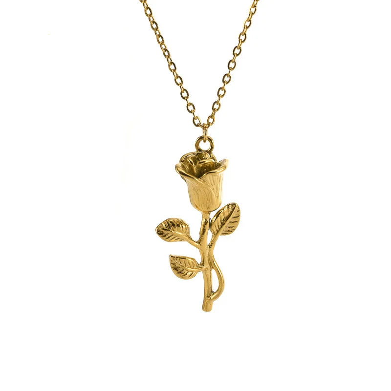 Wholesale French Style Accessories Jewelry 18k Gold Plated Stainless Steel Rose Pendant for Women Necklace