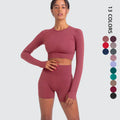 2025 Autumn Women's Fitness Sports Gym Long Sleeve Activewear 2 Pcs Workout Shorts Leggings Set Printed Logo Yoga Top Bottom