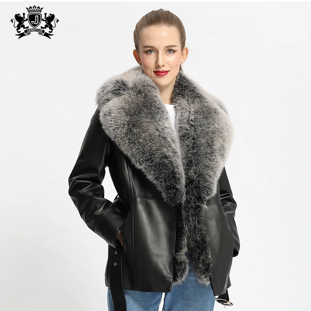 Womens Korean Style Leather Jacket Genuine Sheepskin Double Face Coat Winter Luxury Women Fur Coat