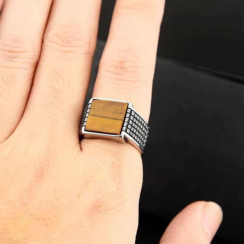 Fashion Stainless Steel Stone Ring Jewelry Turquoise Onyx Square Shape Tiger Eye Titanium Ring for Men