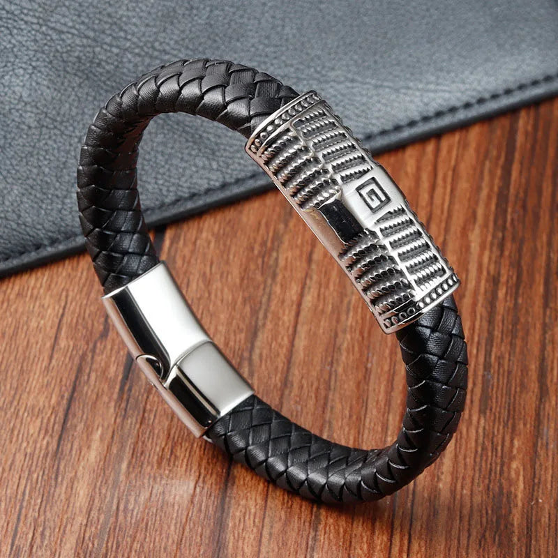 Fine Vintage Leather Woven Bracelets for Men Stainless Steel Anti-Tarnish Customizable Fashion Bangles
