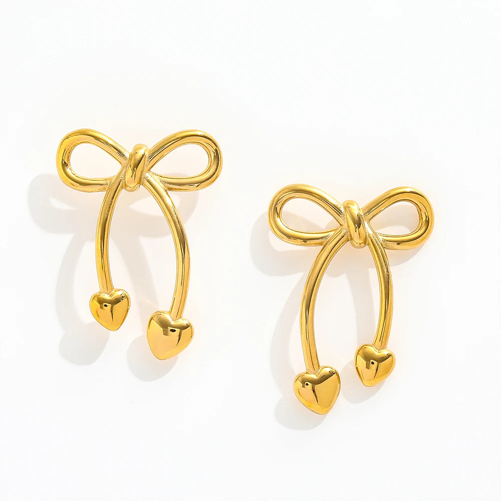 High End PVD 18K Gold Plated Waterproof Stainless Steel Jewelry Trendy Heart Bow Stud Earring Geometric Pattern