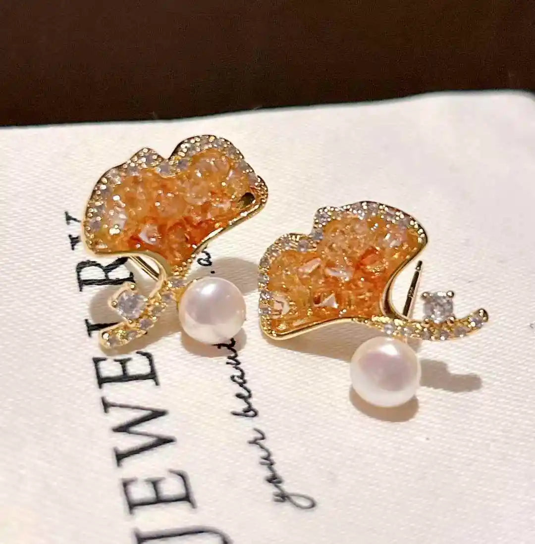 Natural Colored Crystal Ginkgo Leaf Earrings 6-7 mm Freshwater White Pearl Jewelry Gold Plated for Party or Gift