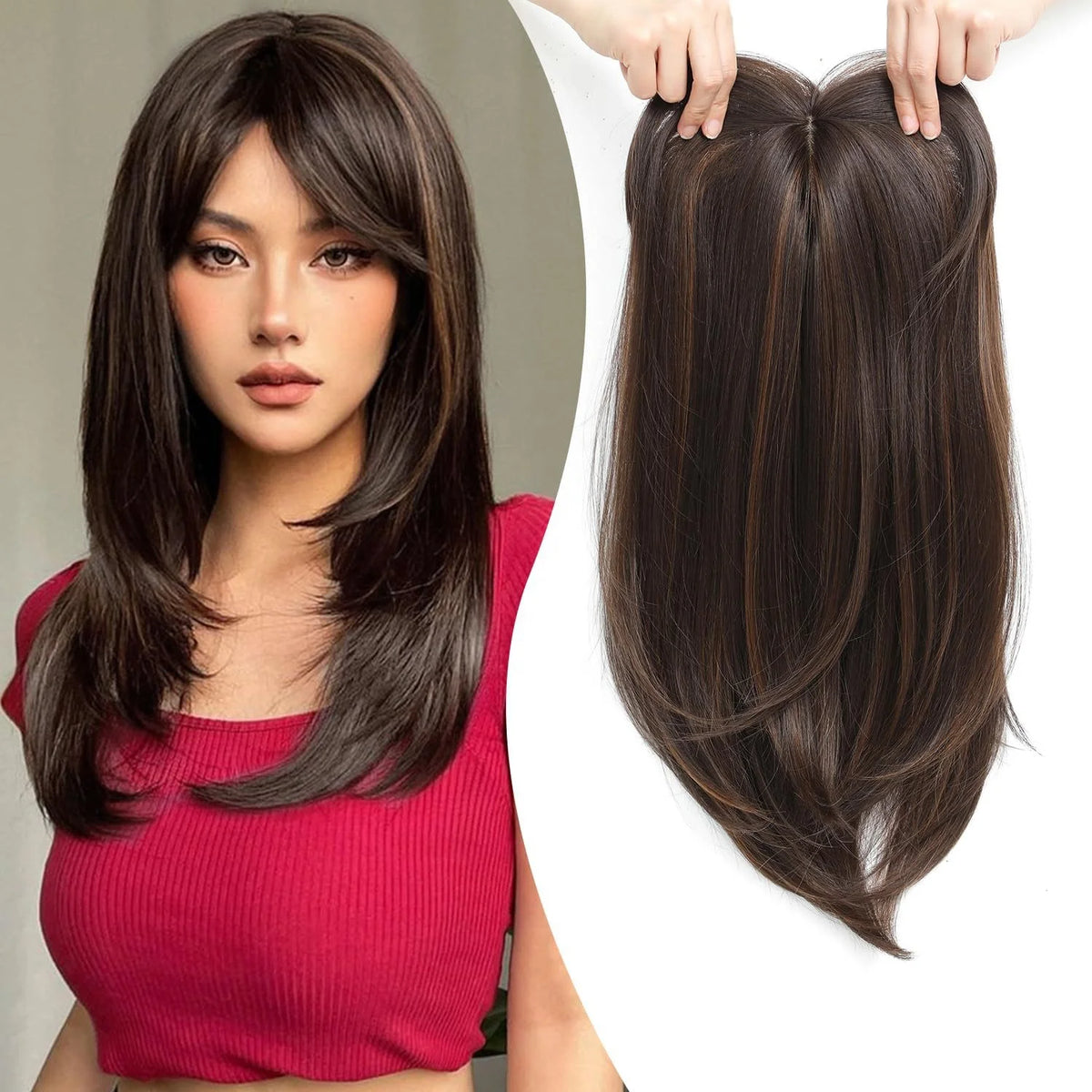 20inch With Bangs Synthetic Wigs Mono Base Silk Toupee Ombre Bown Gold With Clip in Hair Topper for Thin Hair Women Women Hair MegaBDM