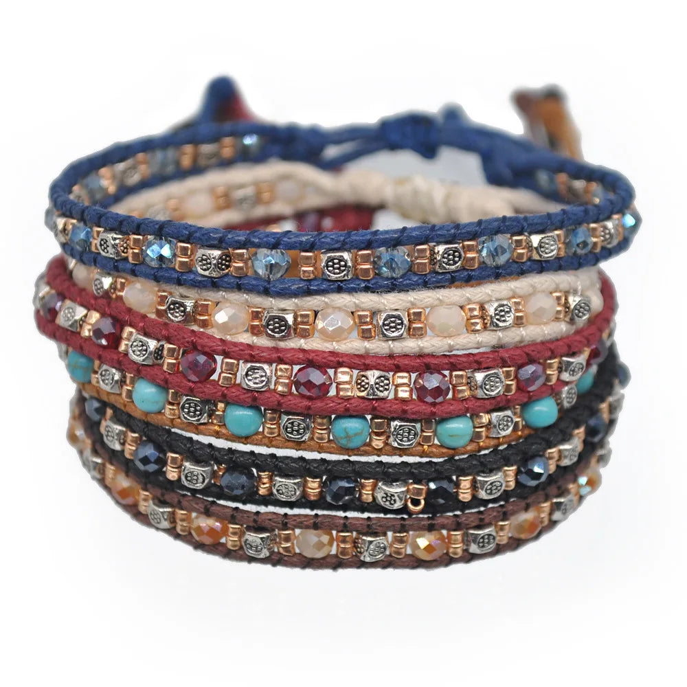 Creative Ethnic Jewelry Vintage Silver Handmade Beaded Bracelets Colorful Double Braided Rope Bracelets for Women Girls