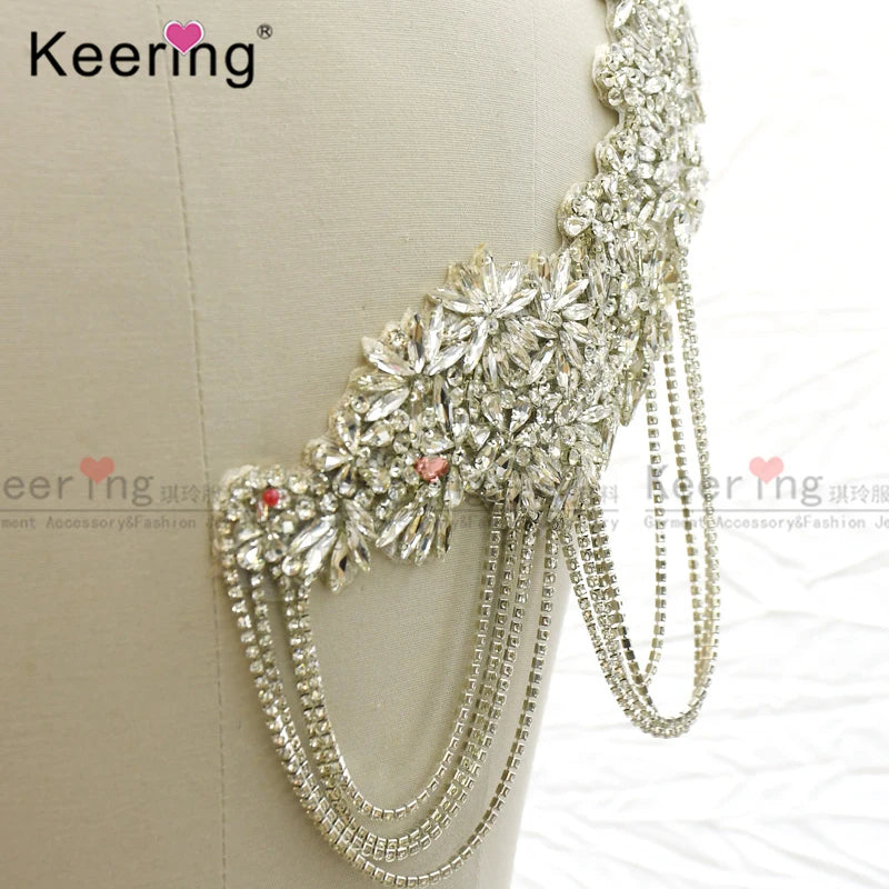 Fashion Silver Tassel Rhinestone Bodice Applique Patch for Shoulder Strap WDP-325