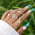 7pcs Geometric Diamond Pearl Inlaid Ring Set Bohemian Snake Joint Luxury Pearl Stone Geometry Alloy Metal Opening Ring Sets