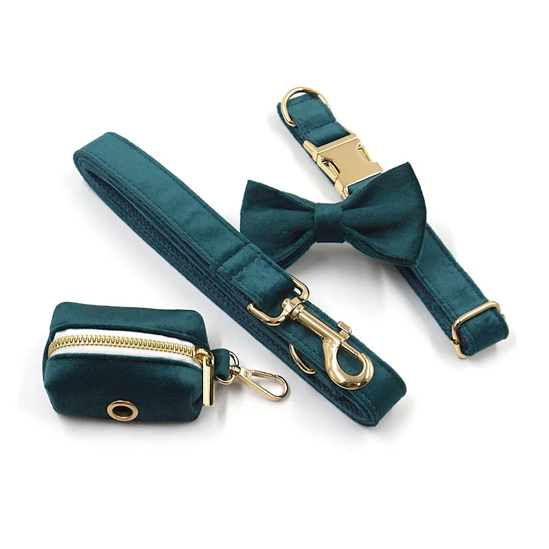 Wholesale Dog Gem Green Velvet Harness Custom Brand Private logo Innovative Dog Collar Leash Matched Bow Tie Poop Bag Holder