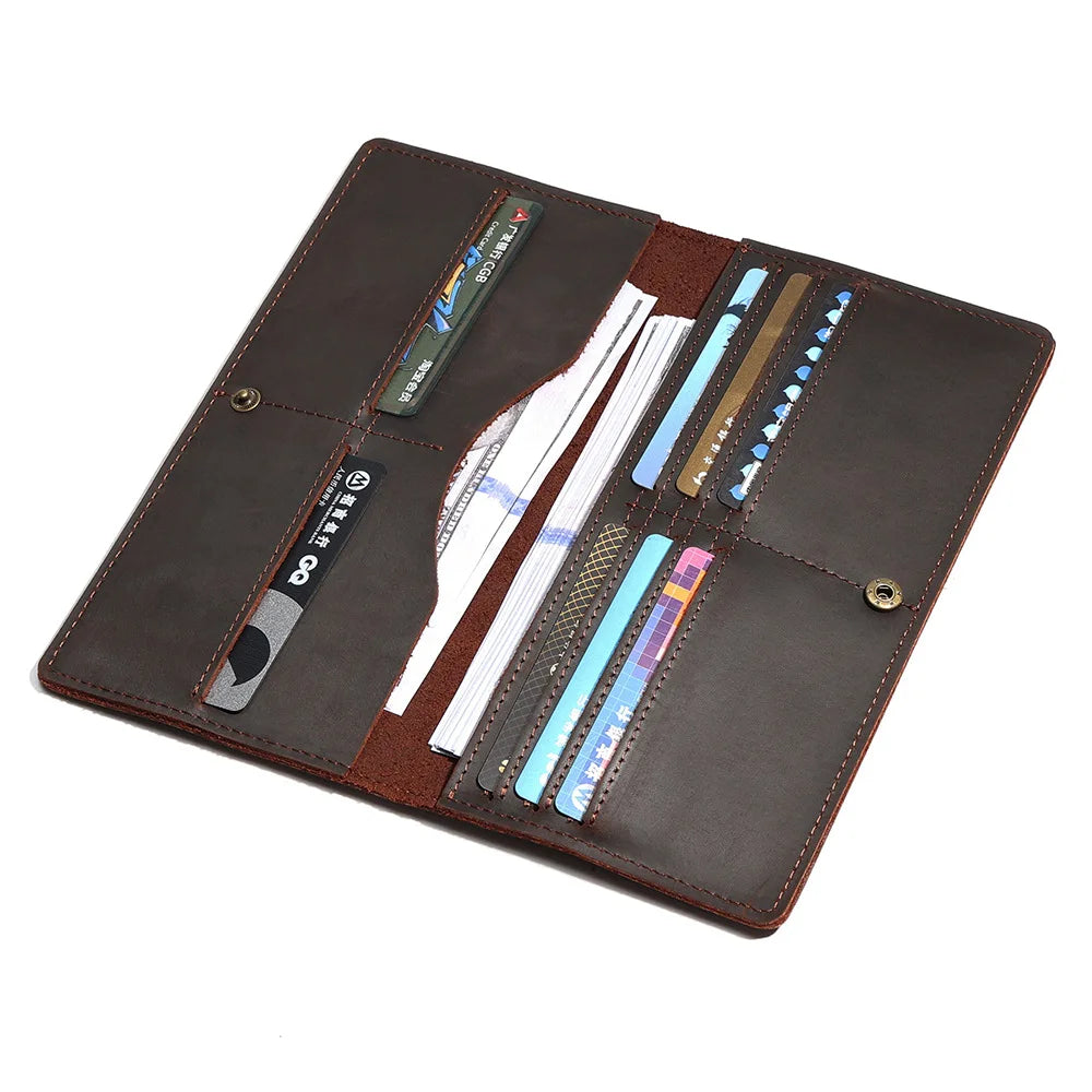 2023 Long Vintage Genuine Leather Crazy Horse Leather Checkbook Cover Wallet Card Holder for Men or Women