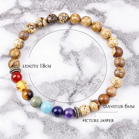 Handmade Natural Healing Picture Gem Stone Crystal Beads 6mm Beaded 7 Chakras Elastic Cord Bracelet Men Women Jewelry