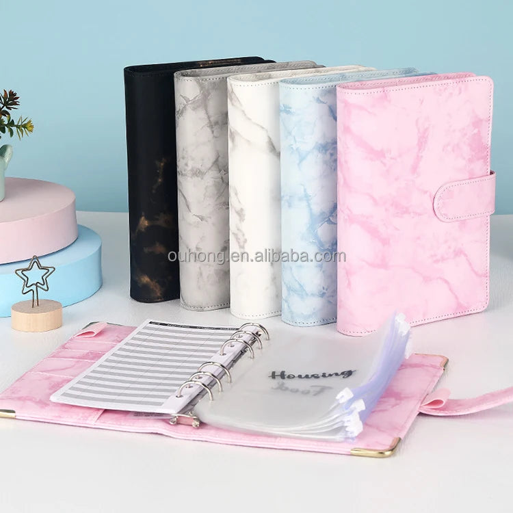 2026 Hot Selling A5 A6 Marble PU Faux Leather Notebook Cover Budget Binder 6 Rings Loose Leaf Binding Planner