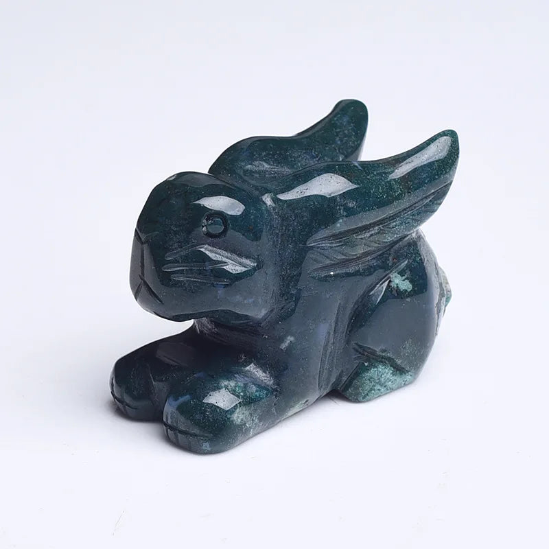 DIY Wholesale Cute Hand Carved Small Rabbits Statue Natural Gemstone Carving Moss Agate Animal Figurines Reiki Stone Decoration