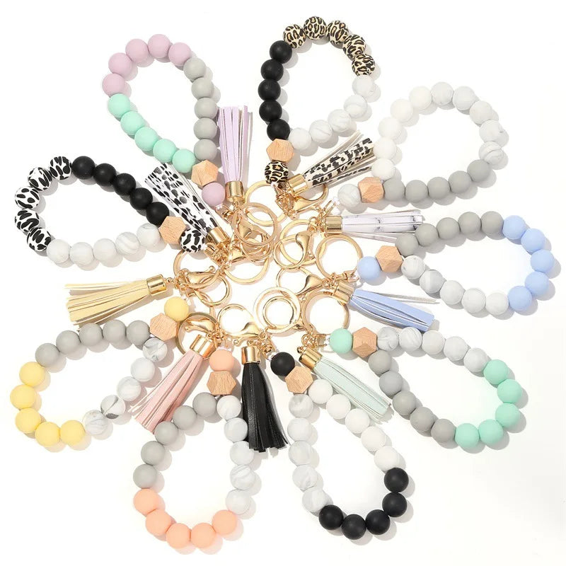 Handmade Silicone Bead Bracelet Cow Leopard Charm Key Chain Bracelet Jewelry