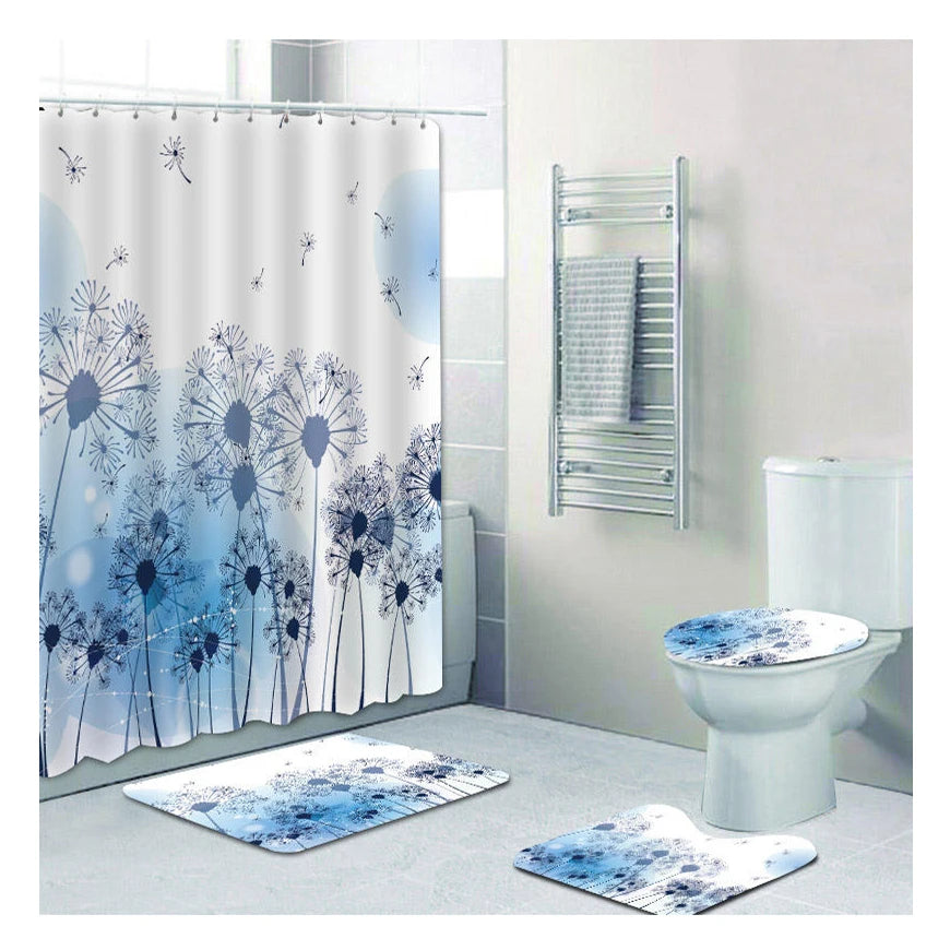 4 Piece Shower Curtain Sets with Non-Slip Rugs Toilet Lid Cover and Bath Mat Durable Waterproof Shower Curtains with