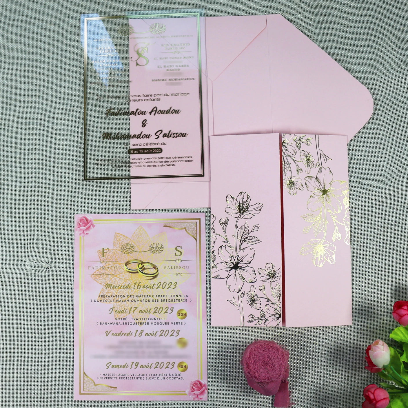 Fabulous Pink French Printed Invitation Card for Christening Greeting Cards Acrylic Wedding Invitation