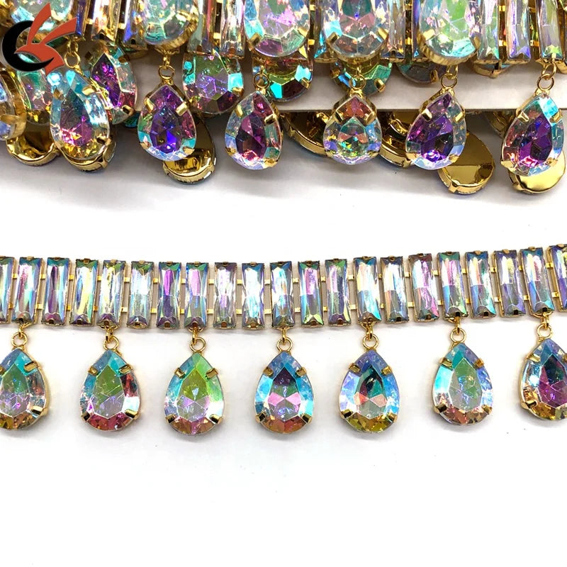 Clear AB Crystals Drops Tassel Rhinestone Banding Trimming