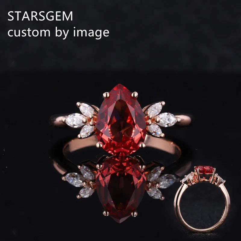 14K Rose Gold Ring Pear Shape Lab Created Ruby 7x10mm Marquise Lab Diamond Side Stone Engagement Jewelry