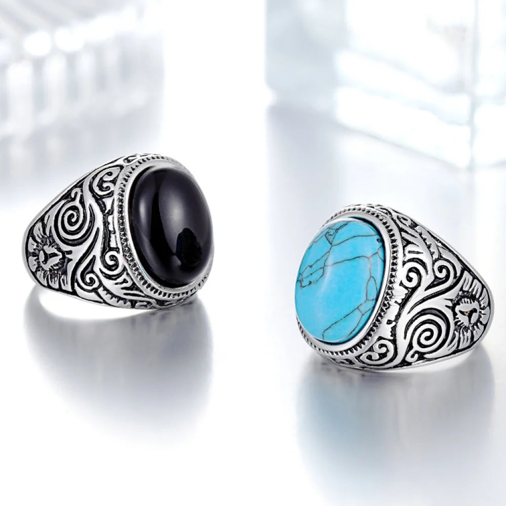 Vintage Punk Cheap Mens Black Oval Gem Stainless Steel Jewelry Casting Turquoise Ring for Boys