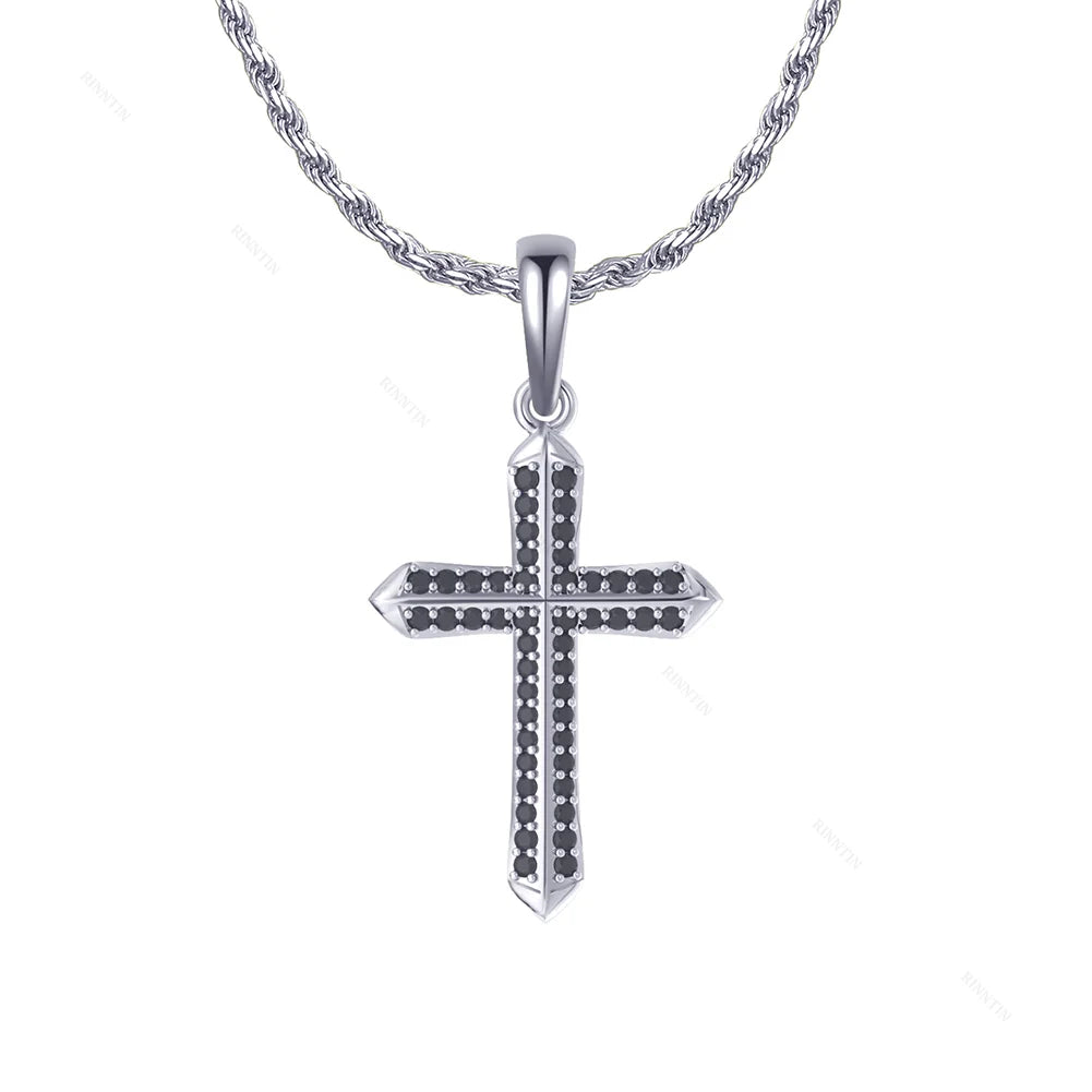 RINNTIN NMN06 Custom Black Zircon Sterling Silver Cross Pendant Necklace with 20 22 24 Inch Chain for Men in Gold & Silver