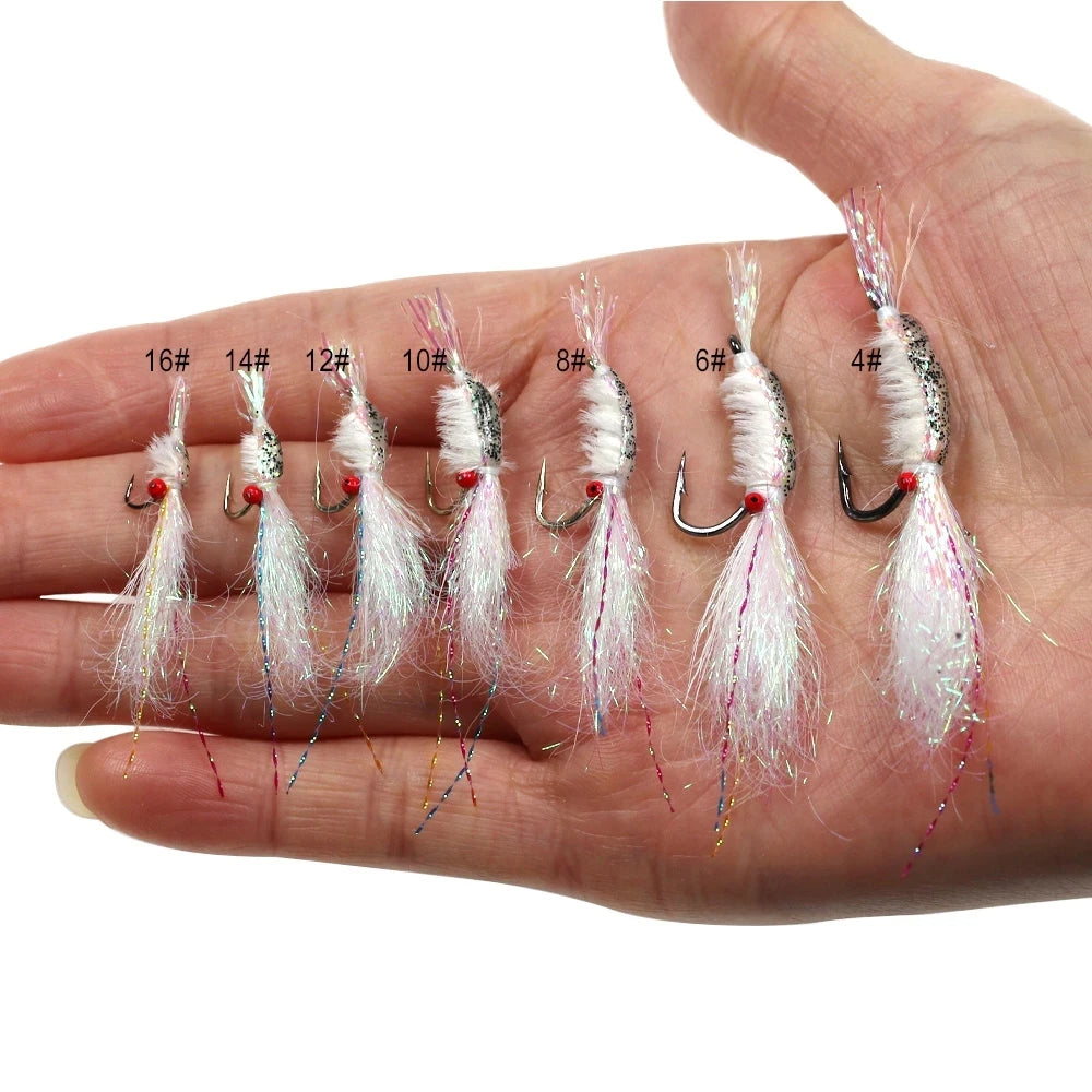 7pcs/Box 4#~16# White Ice Dub Scud Shrimp Red Chain Eyes Fast Sinking Nymph Fly for Grayling Perch Trout Bass Fishing Lure