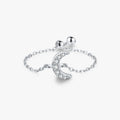 925 Sterling Silver Fine Jewelry Small Delicate Crescent Moon Clear Cubic Zirconia Adjustable Link Chain Rings for Women