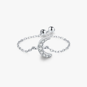 925 Sterling Silver Fine Jewelry Small Delicate Crescent Moon Clear Cubic Zirconia Adjustable Link Chain Rings for Women