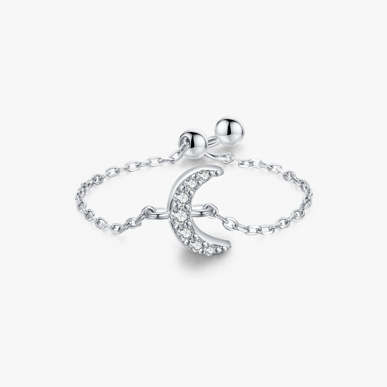 925 Sterling Silver Fine Jewelry Small Delicate Crescent Moon Clear Cubic Zirconia Adjustable Link Chain Rings for Women