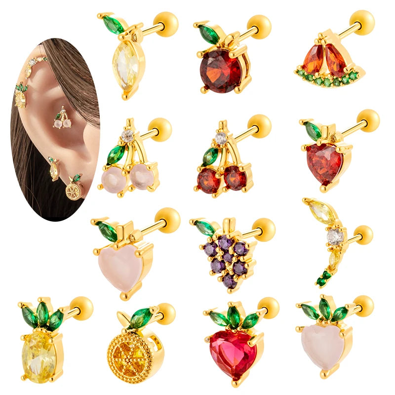 Hengsen Stainless Steel Multicolor Cz Fruits Shape Cartilage Piercing Stud Ear Conch Tragus Helix Screw Back Earring for Women