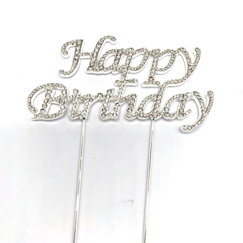 Silver Rhinestones Happy Birthday Cake Topper for Party Cake Decorating with Metallic Cake Accessories