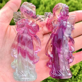 Natural Watermelon Fluorite Angel Statue Crystal Goddess Carving Rainbow Fluorite Angel for Decoration