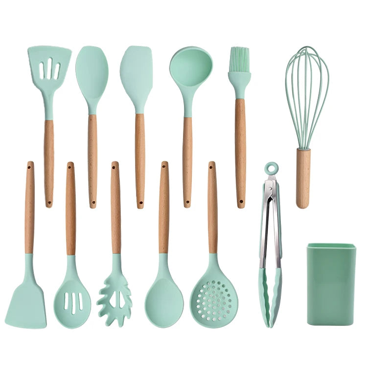 Wholesale 12 Pieces Non-Stick Kitchen Silicone Cooking Utensils Set with Wooden Handle & Square Plastic Holder
