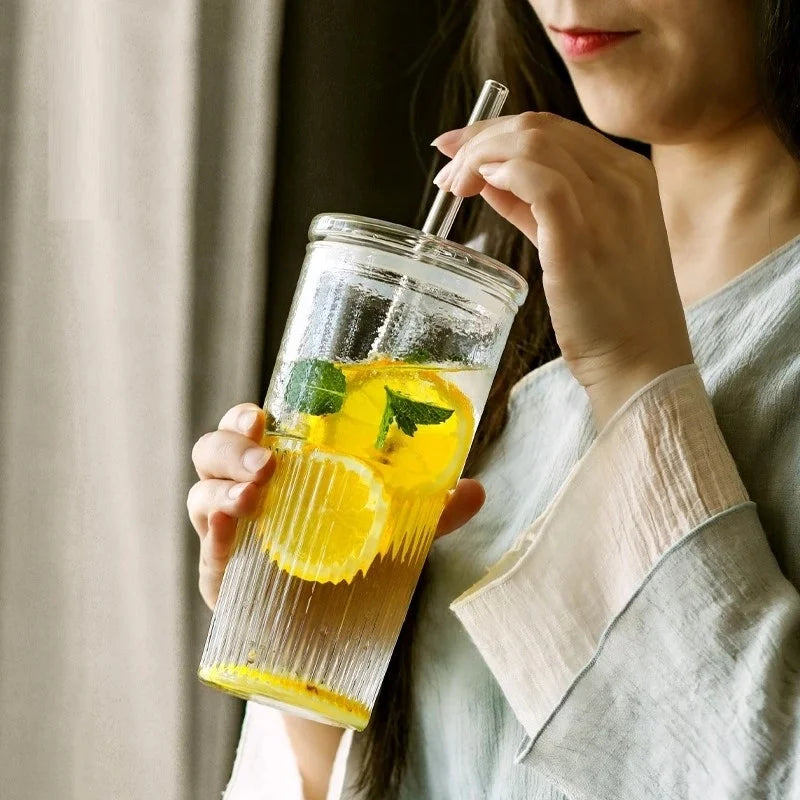 Stripe Glass Cup Transparent Glasses With Lid and Straw Ice Coffee Mug Tea Cup Juice Glass Milk Water Cups Drinkware