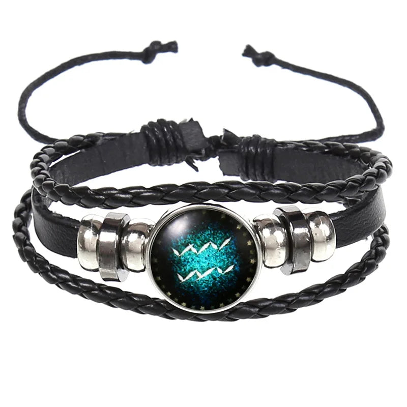 12 Zodiac Sign Bracelet Zodiac Mens Bracelets Braided Handmade Charm Leather Bracelet Punk Rock Women Jewelry