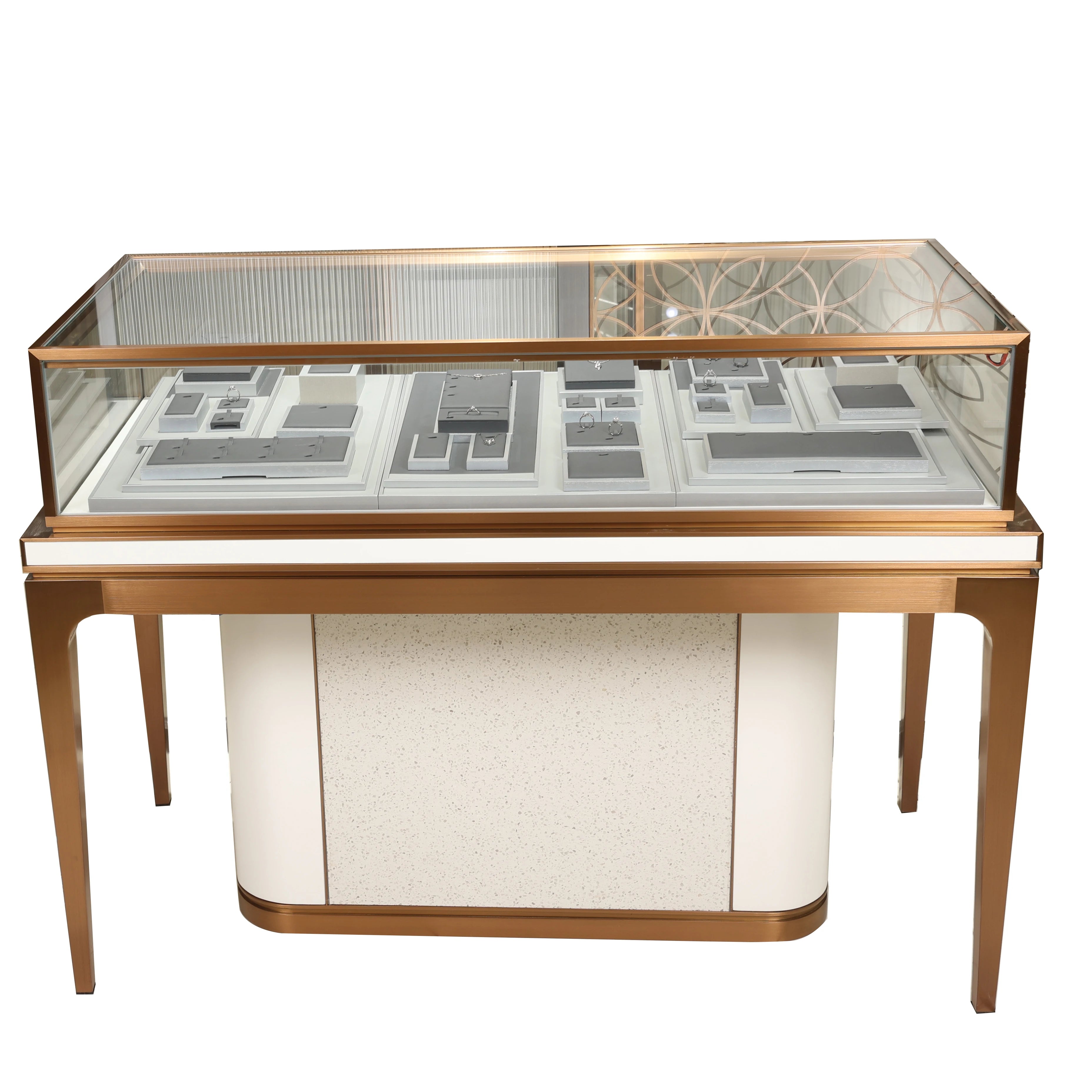 Custom Logo Kiosk Case Design Metal Paint Gold Jewellery Shop Cabinet Custom Jewelry Showcase Counter With Led Light