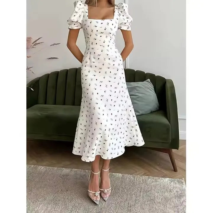 Elegant Flowy Dress Hot Sale S M L Casual Short Puff Sleeve Floral Print A-Line Dress New Fashion Womens Summer Midi Dress