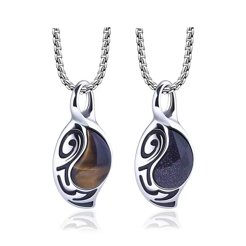Punk Jewelry Men Silver Titanium Steel Tiger Eye Pendent Necklace