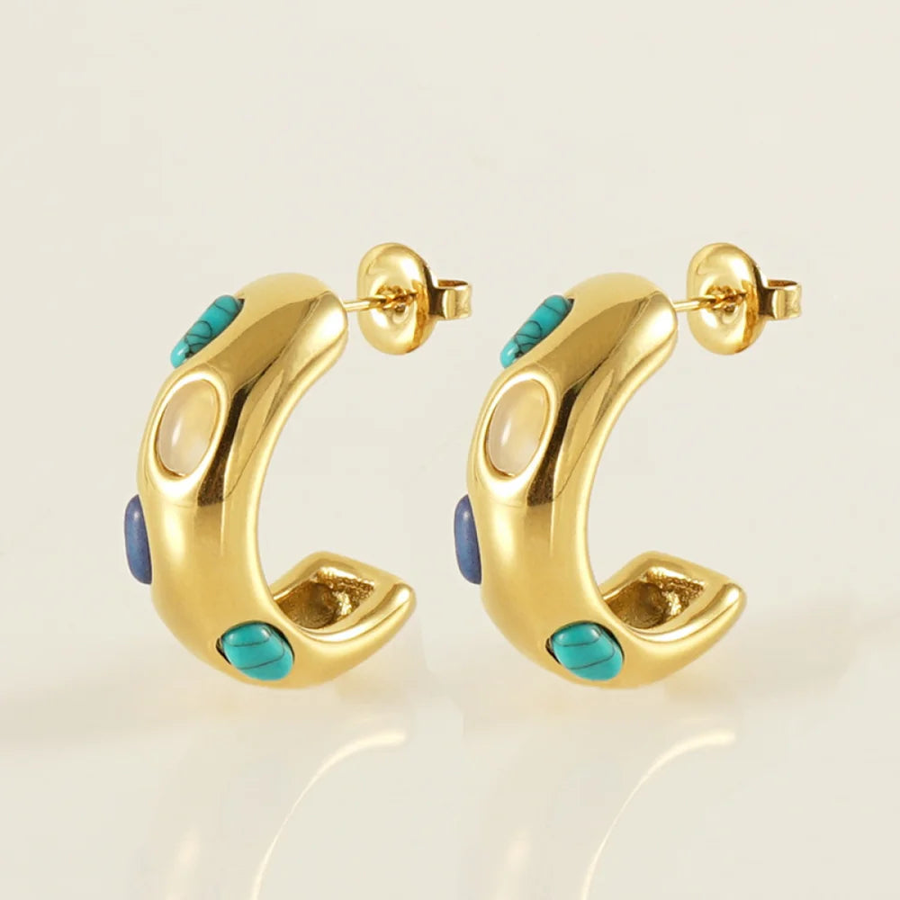Bohemia Retro Tarnish Free Stainless Steel Jewelry Hypoallergenic Gold Plated Turquoise Hoop Earrings