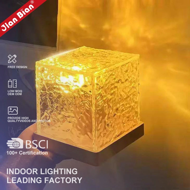 Atmosphere Acrylic Cube Luminorthe Rotating Water Ocean Ripple Wave Rechargeable Led Decor Night Light for Room Table Lamp