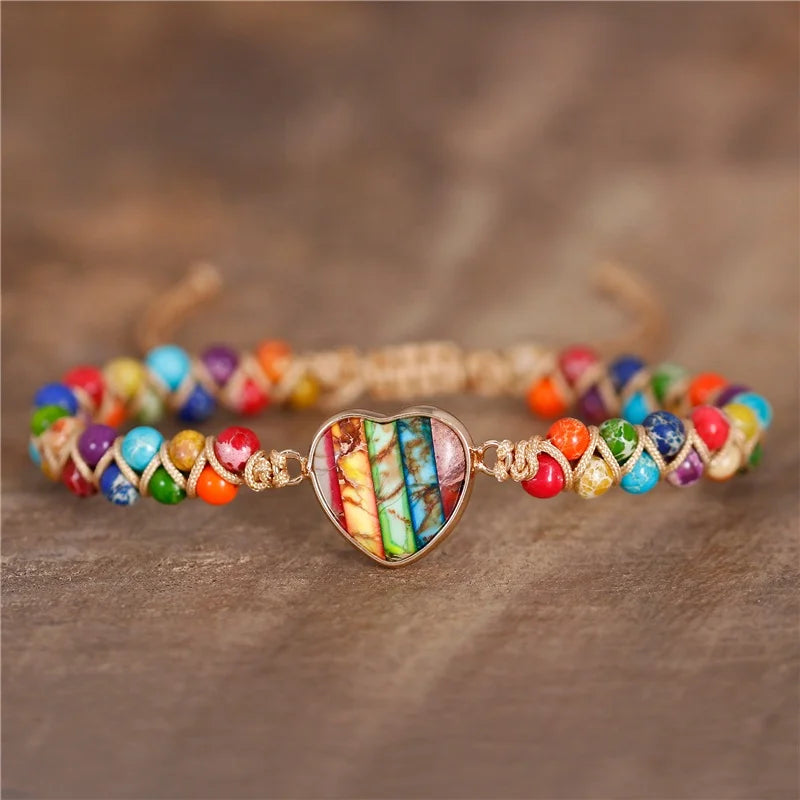 Boho Unisex Gold Gild 7 Chakra Heart Charm Beads Braided Bracelet Gypsy Healing Natural Stone Bracelet Women Jewelry Wholesale