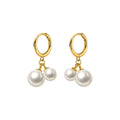 Fashion Fine Jewelry 925 Sterling Silver Double Two Round Drop Pearls Gold Plated Hoop Earrings for Women