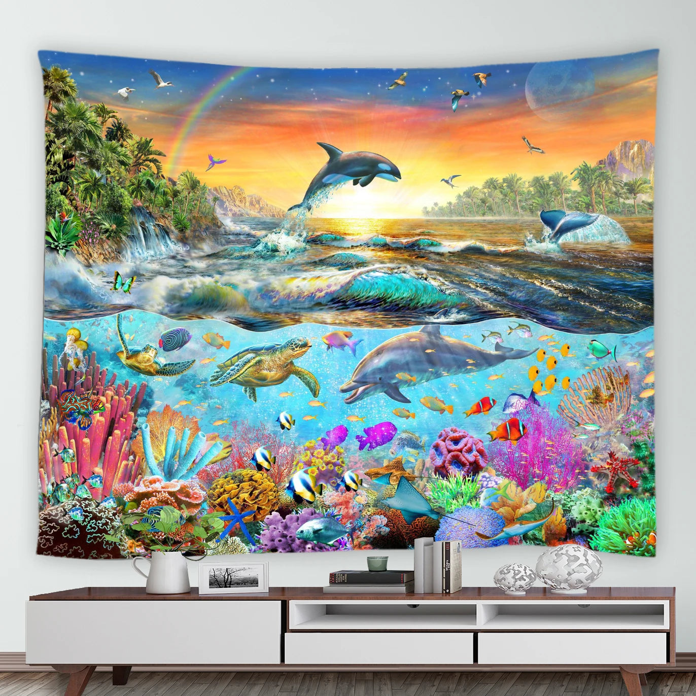 Custom Psychedelic Aubusson Sea Animals Fish Turtle Dolphin Print Pattern Tapestry 100% Polyester Home Living Room Bedroom Wall