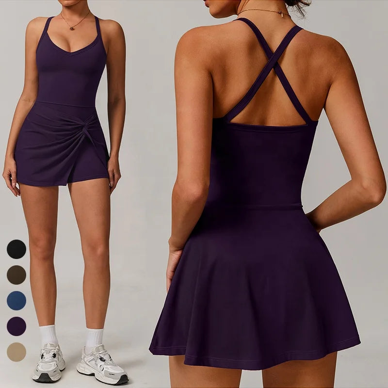 Women's V Neck Cross Back Tennis Dress Workout Outfits with Shorts Knot Twisted Hemline Design Golf Pickleball Tennis Skirt Set