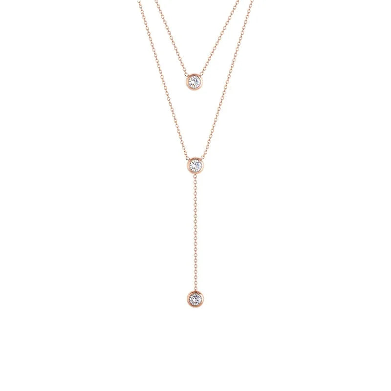 New Trendy Double Layered Rose Gold Zircon Necklace Stainless Steel Crystal Choker Necklace for Girls