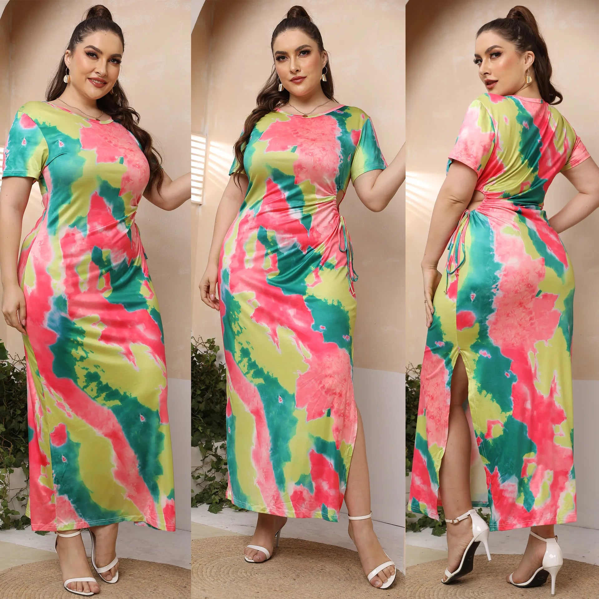 Fashion Plus Size Ladies Summer Crew Neck Short Sleeves Slimming Knitted Long Tie-dyed Pink Maxi Dress