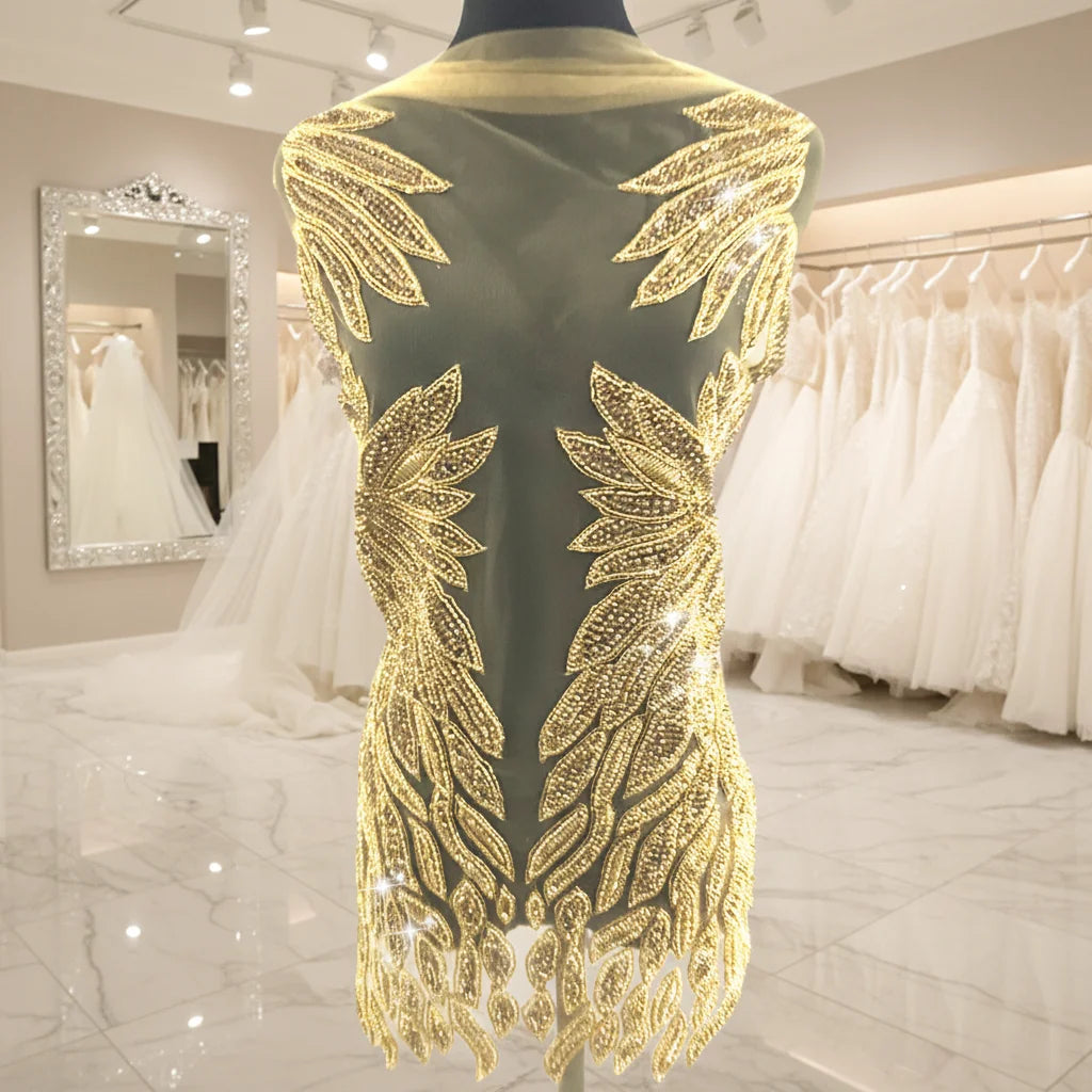 W024 Factory Motif Rhinestone Sew-On Detachable Luxury Fabric Bodice Lace Wedding Dress