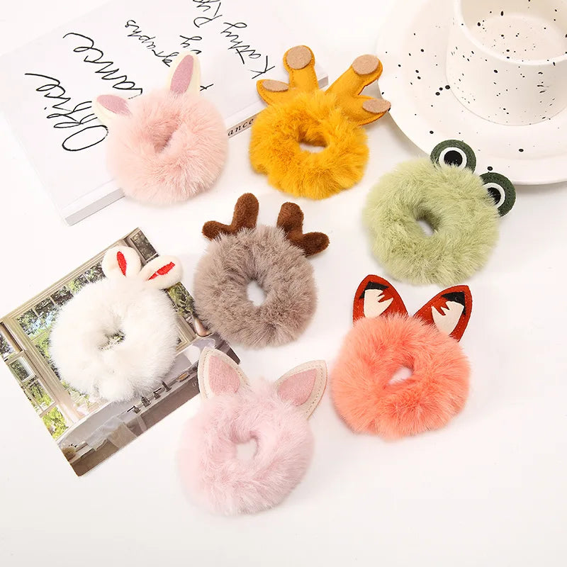 New Style Wholesale Cartoon Plush Fluffy Hair Band Cute Scrunchies Fox Bunny Ears Hair Accessories for Girls Kids