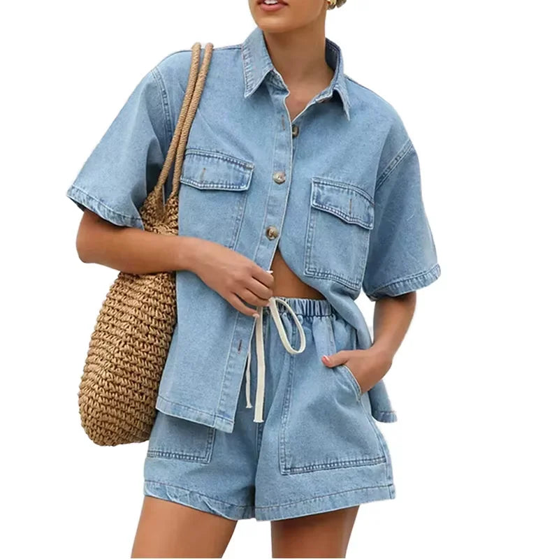 2025 Summer New Arrival Fashion Versatile Loose Short Sleeve Shirt Denim Shorts Two Piece Set Women